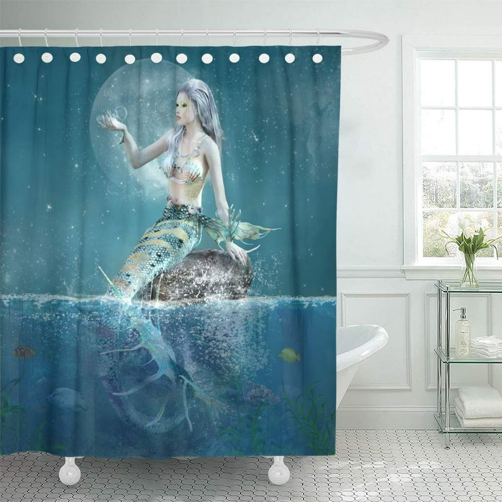 Cynlon Blue Beautiful Mermaid Sits On Rock In Fantasy Seascape Scenery Bathroom Decor Bath