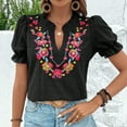 thumbnail image 4 of Bixock Women Lightweight Casual Tops,Blouse for Women,Embroidered Linen V Neck Slit Hem Button Front Top, 4 of 4