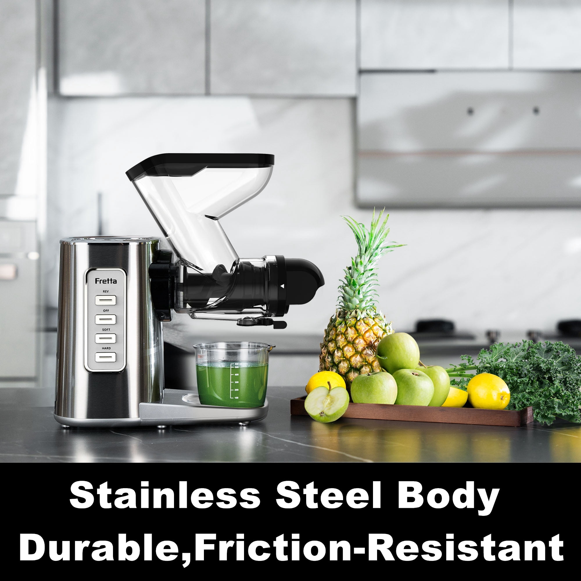 Fretta Juicer Machines,Cold Press Juicer with American-Sourced PCTG Material,3-Inch Wide Feed Chute Fits Whole Fruits & Vegetables,Stainless Steel & Easy to Clean,Quiet 200W DC Power