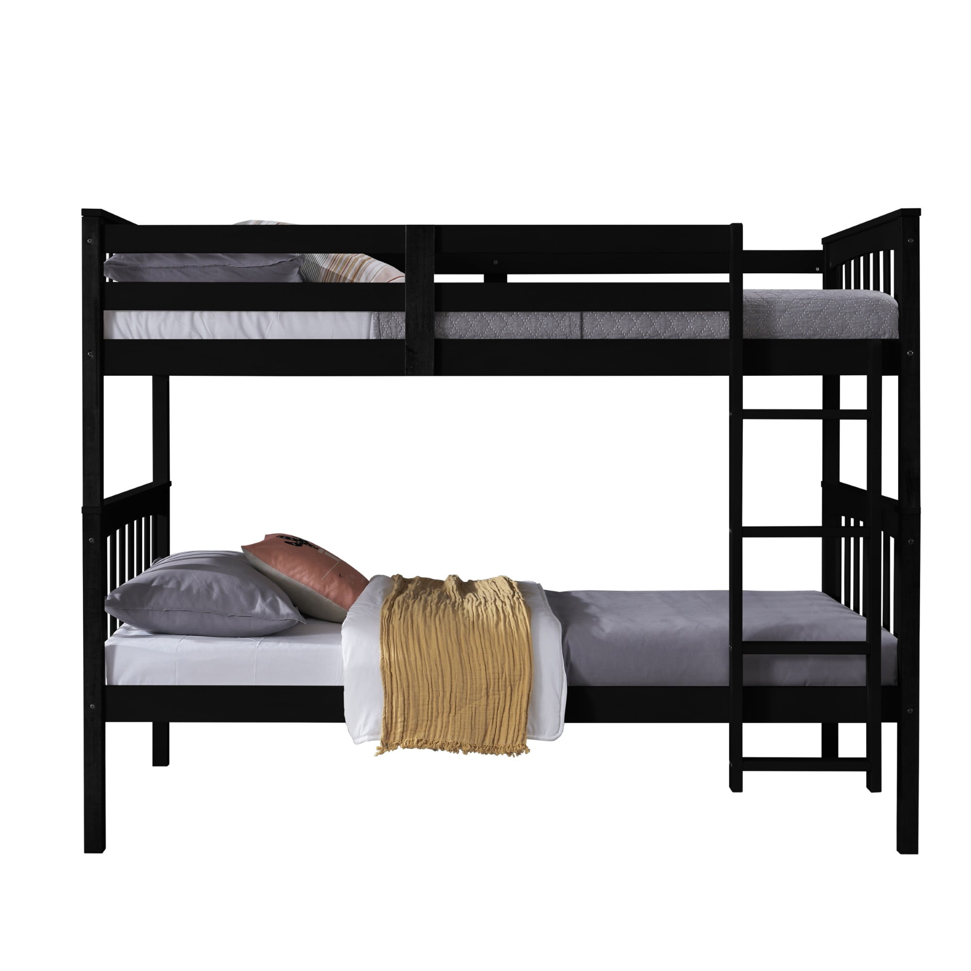 Home Design Ames Twin Over Twin Solid Wood Bunk Bed Frame, Convertible, Sturdy Guardrails, Black, Easy Assembly