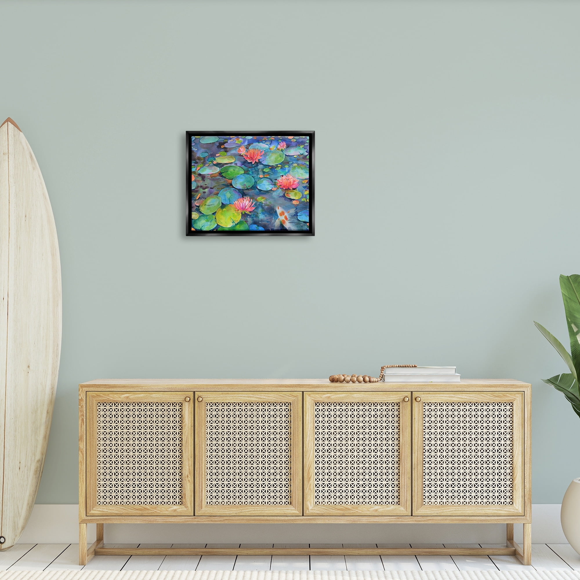 Stupell Industries Vivid Pond Lily Lotus Blossom Koi Fish Pond Painting Jet Black Floating Framed Canvas Print Wall Art, Design by Marietta Cohen Art and Design