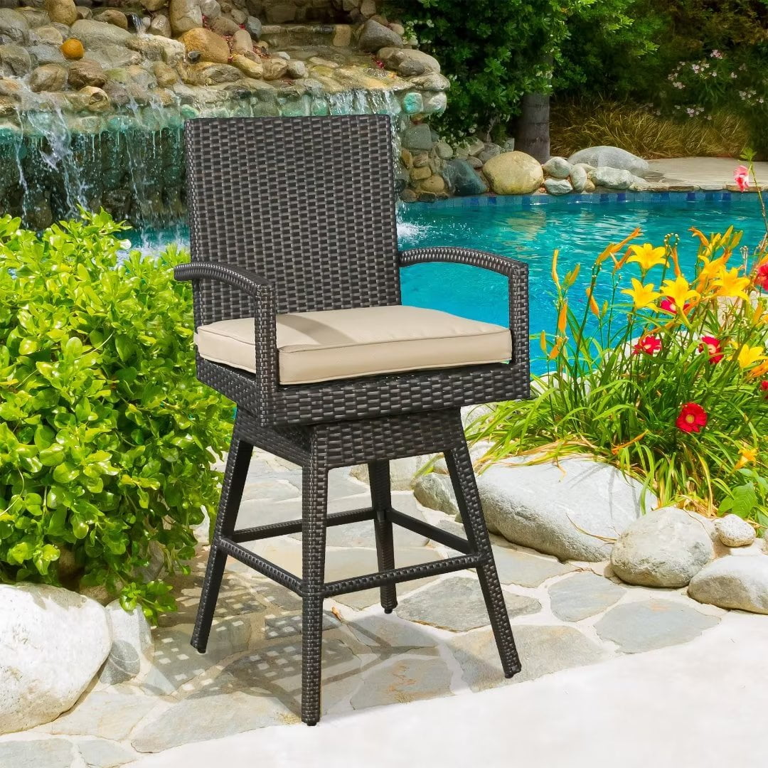 Ulax Furniture 1 Piece Outdoor Wicker Bar Stools Patio AllWeather Rattan Swivel Dining Chairs