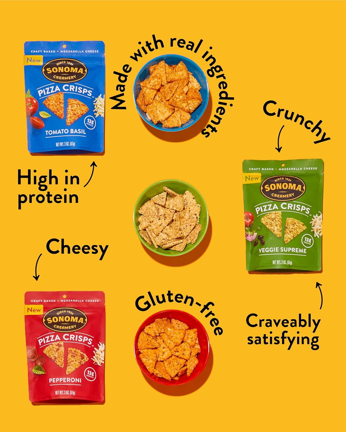 Sonoma Creamery Pizza Crisps, Tomato Basil, | Savory Snack Cracker | High Protein | Low Carb | Gluten Free | Wheat Free |Keto Friendly, 9.5 oz (Pack of 3)