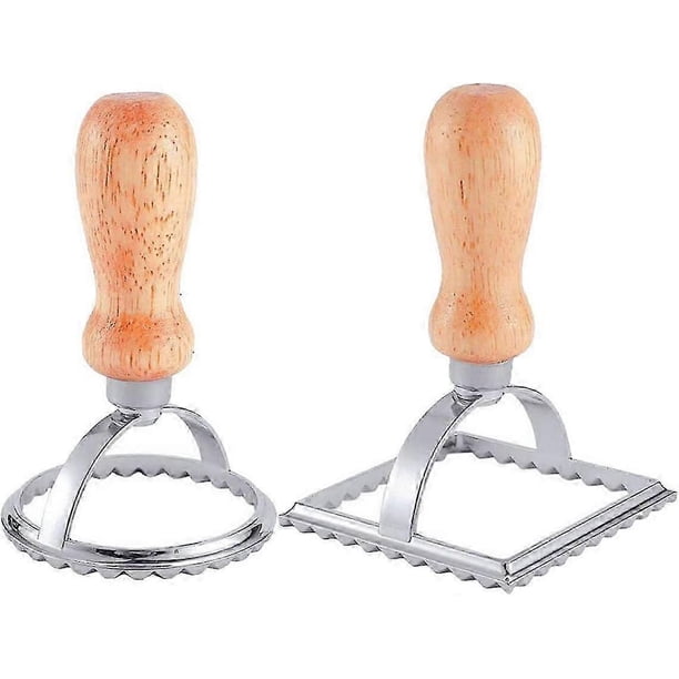 Ravioli Maker Cutter Stamp Set - 2 Pieces Square Round Ravioli Mold, Pasta Maker Mold with Wooden Handle and Fluted Edge