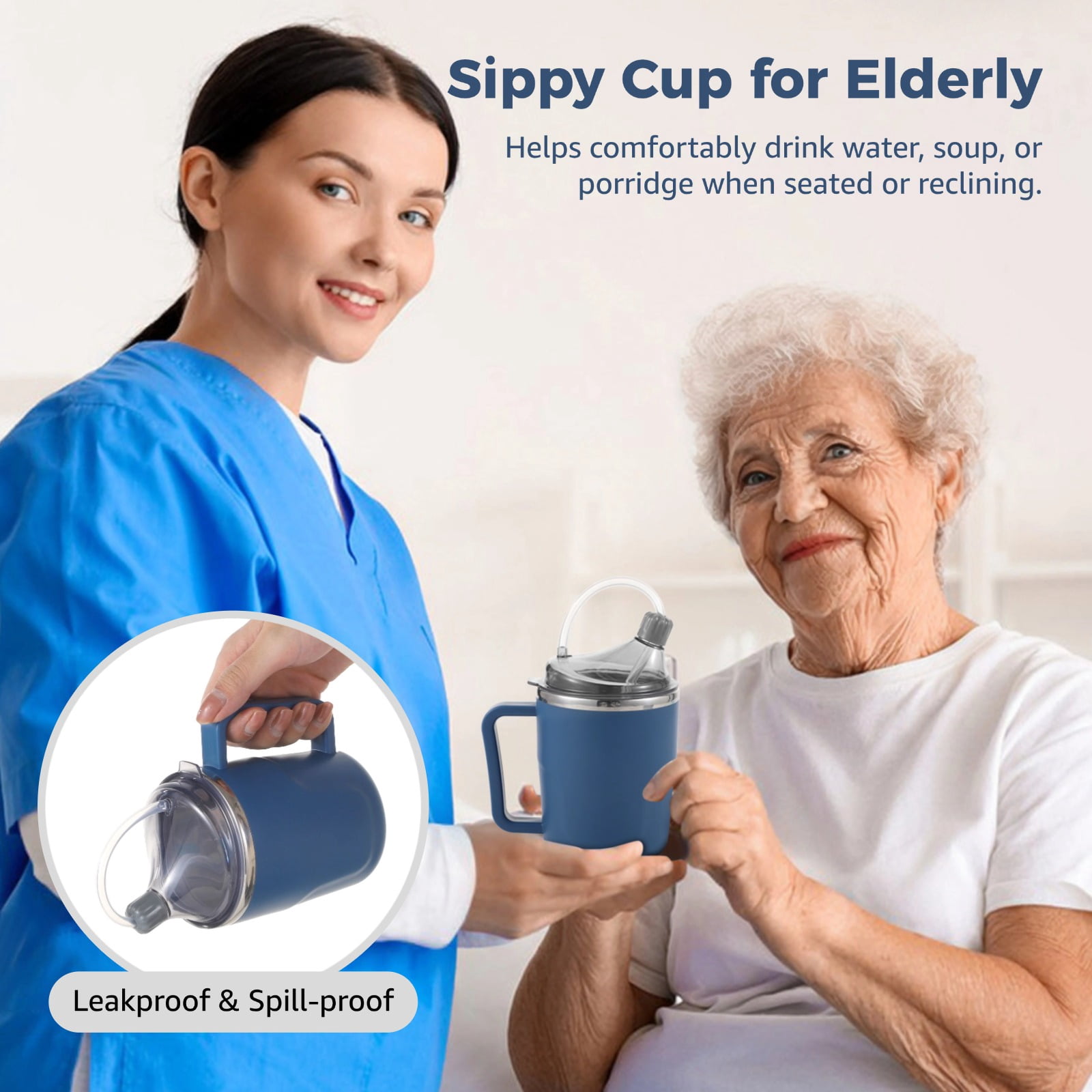 Spill-Proof Cup for Elderly, 13.5 oz Adult Sippy Cup, Non-Spill Feeding Cup with Straws & Brushes, Leakproof Porridge Mug, 3-in-1 Care Mug for Bedridden Patients