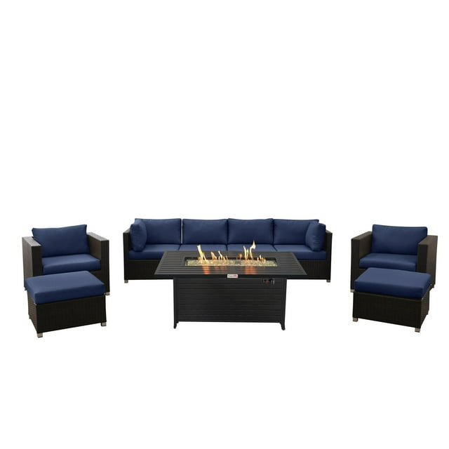 Innesbrook Collection 9-Piece Aluminum Patio Conversation Set with Navy Cushions and Rectangle Fire Table