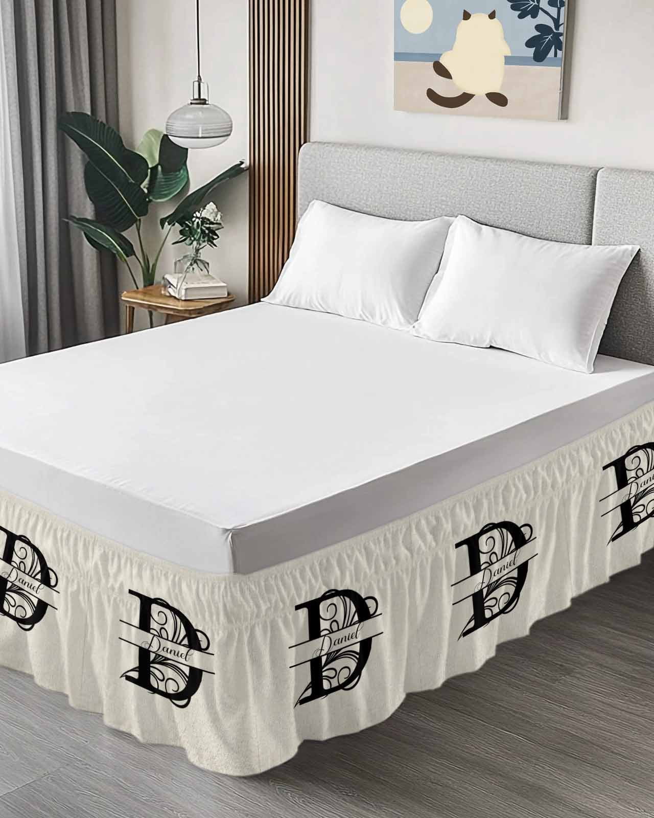 Letter D Bed Skirt Queen Size, Monogram Words Wrap Around Bed Skirting with Adjustable Elastic Strap, Dust Ruffle Pleated Bedskirts 16 Inch Drop for Bedroom Queen Beds