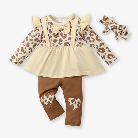 

PatPat Newborn Baby Girls Clothes Outfits Set Leopard Suspender Swing Dress Tops Solid Pants and Headband Set Splicing Fall Winter Infant Baby Girl Gift Clothes 3-24month