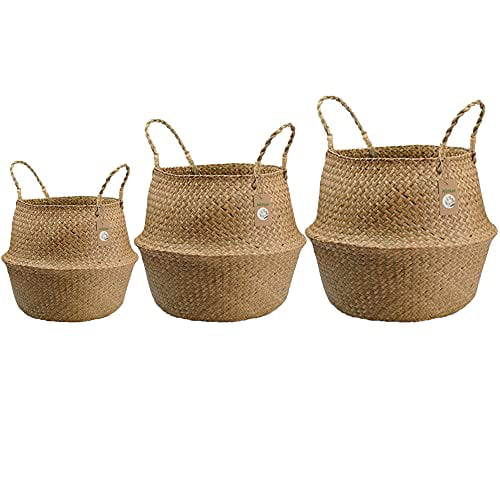 Natural Seagrass Woven Hand Woven Seagrass Belly Basket with Handles for Storage Plant Pot Black 22x20cm