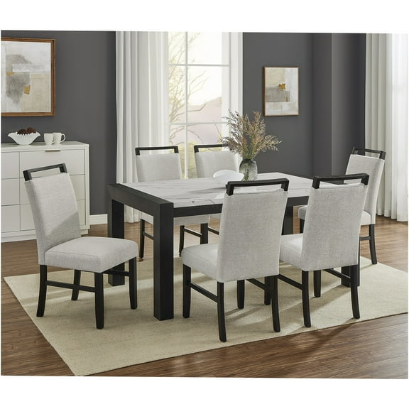JERFIT 7-Piece Dining Set with Faux Marble Table and Upholstered Chairs, Modern Kitchen Dining Room Table Set for 6 with Rectangular Table, Light Gray and Black