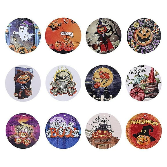 12pcs Halloween Decoration Round Wooden Hanging Pendant Ornaments Diy Supplies