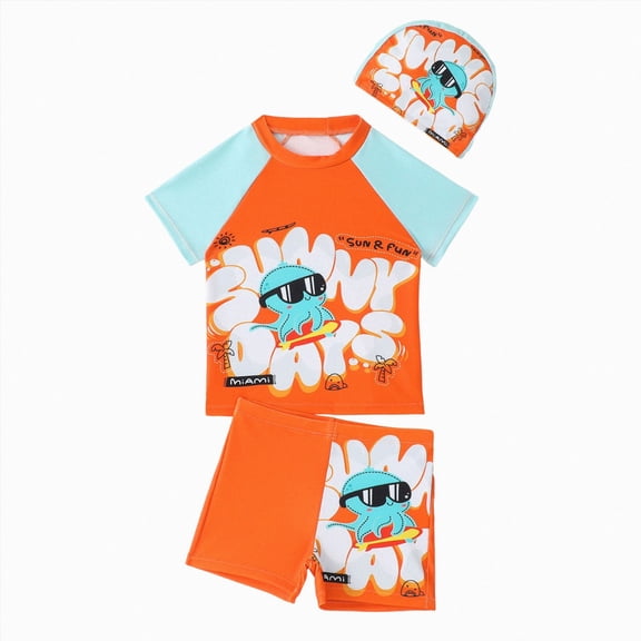 Ymyiu Baby Boy Swimsuits Toddler Baby Boy Swimsuit Set Short Sleeve Top Shorts Two Pieces Bathing Suit Swimwear 5T 6T (Orange,5-6 Years)