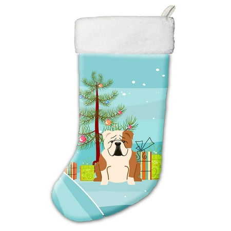 Bulldog Christmas Stocking - Merry Christmas Tree English Bulldog Fawn White Christmas Stocking BB4250CS