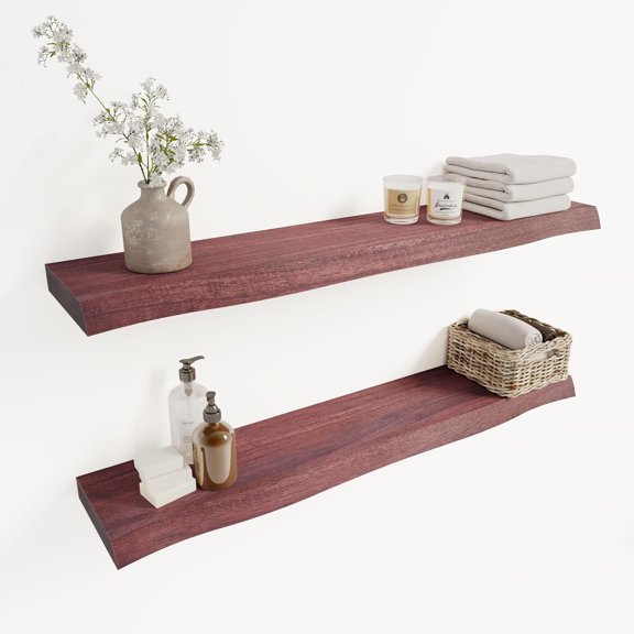 36" Acacia Live Edge Floating Shelves Set of 2 - Wall Mounted Wooden Shelf for Stylish Home Décor - Cherry Color 36x7.5x1.5 Inches