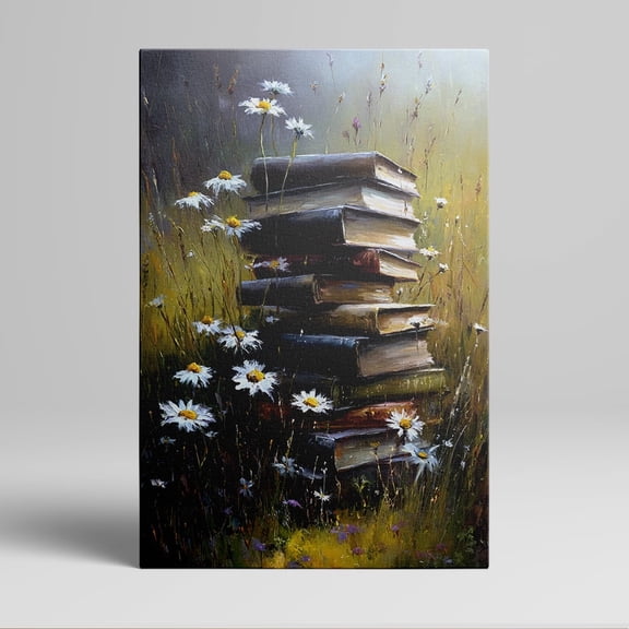 1pc Stacked Books in a Wildflower Field Framed Decor room hanging Wall Picture Decor for Home Gifts, living room, bathroom, bedroom, kitchen wall art decor canvas wall art