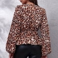 thumbnail image 4 of Print V Neck Wrap Top Lantern Long Sleeve Ruffle Hem Women Floral Print Wrap Blouse for Female Leopard Print Coffee Color M, 4 of 6