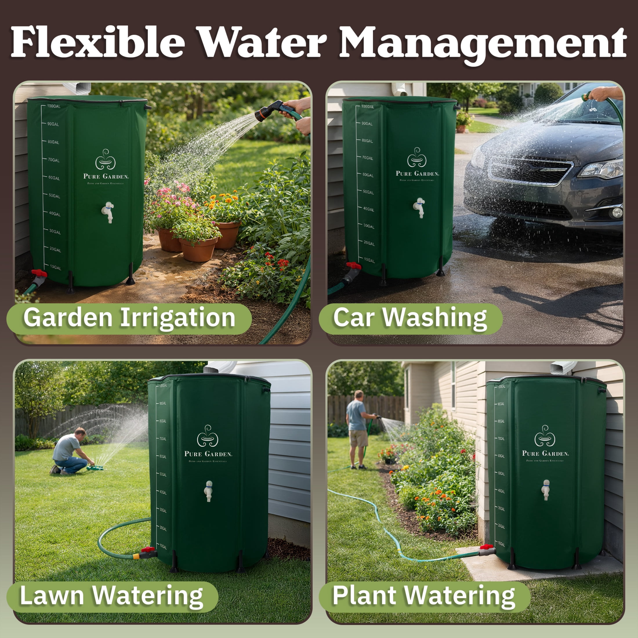 Pure Garden Collapsible Rain Barrel Kit - 100 Gal PVC Rain Collection System with Filter