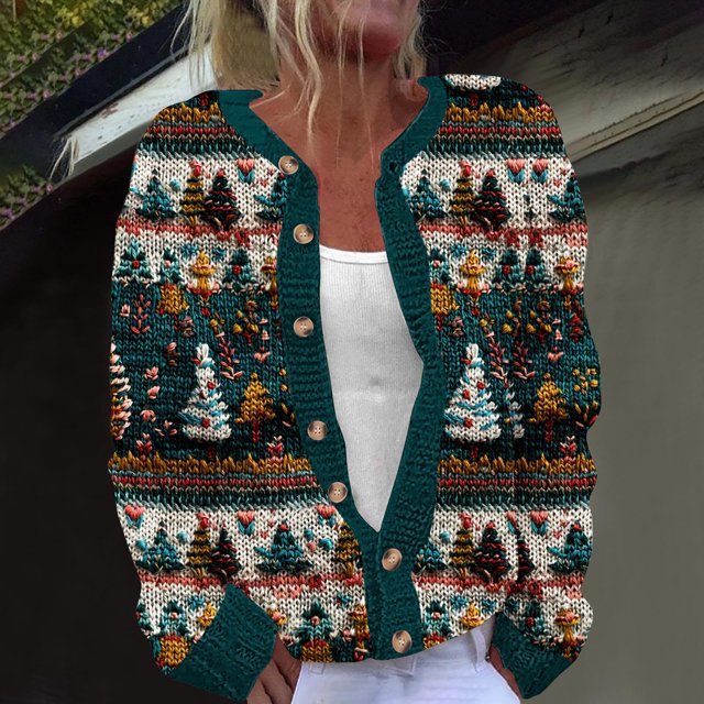 Jsaierl Womens Christmas Cardigan Sweaters Plus Size Dressy Long Sleeve Cute Printed Open Front Button Knit Outwear