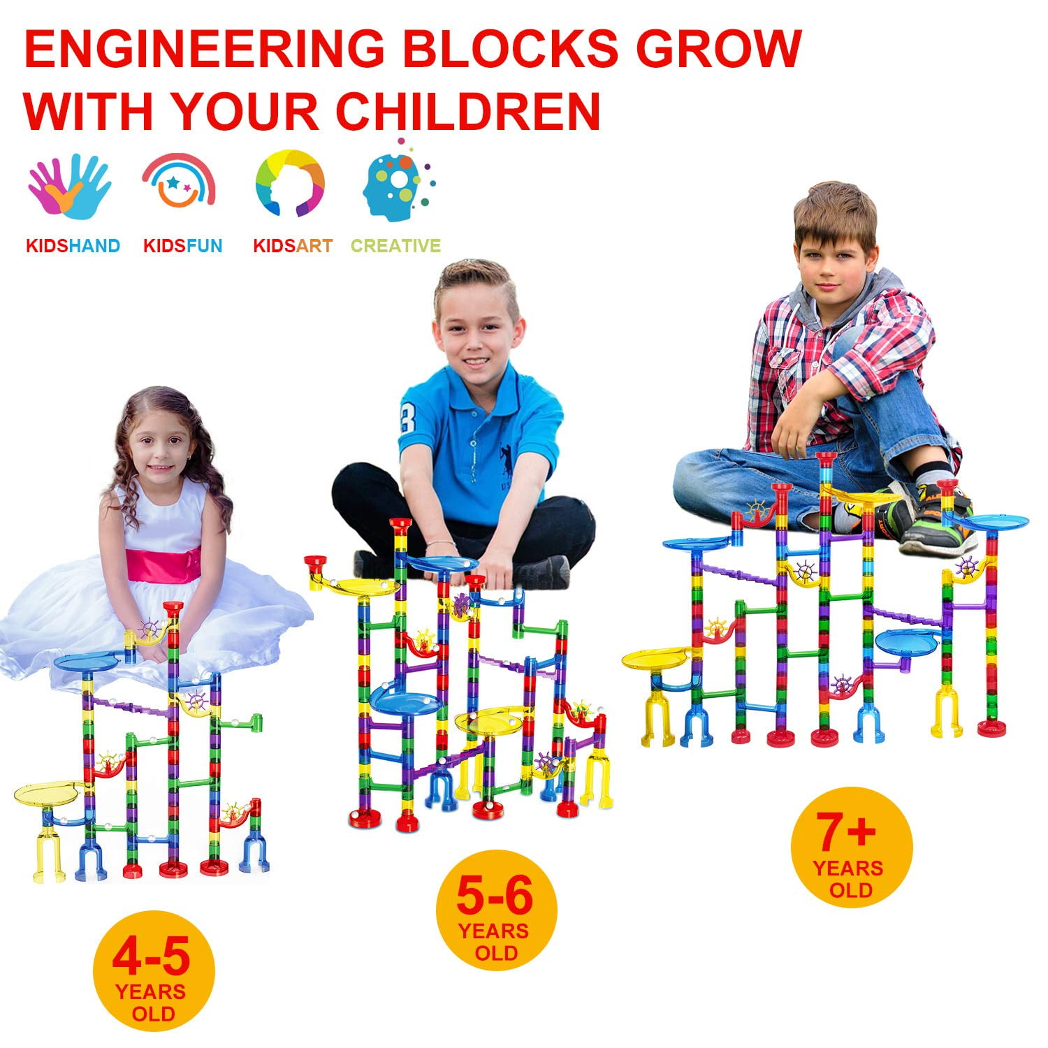 Stem Toy Bricks Set For Boys Girls Age 3 4 5 6 7 8+ WYSWYG Marble Run Set Building Blocks Classic Big Blocks-178 Pcs Marble Race Tracks With 8 Marbles & 2 Baseplates Compatible With All Major Brands 