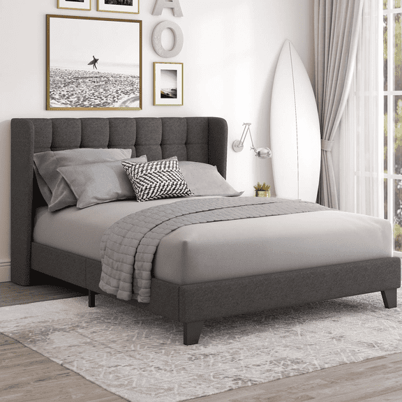 Einfach Queen Linen Fabric Platform Bed with Upholstered Wingback Headboard, Dark Grey