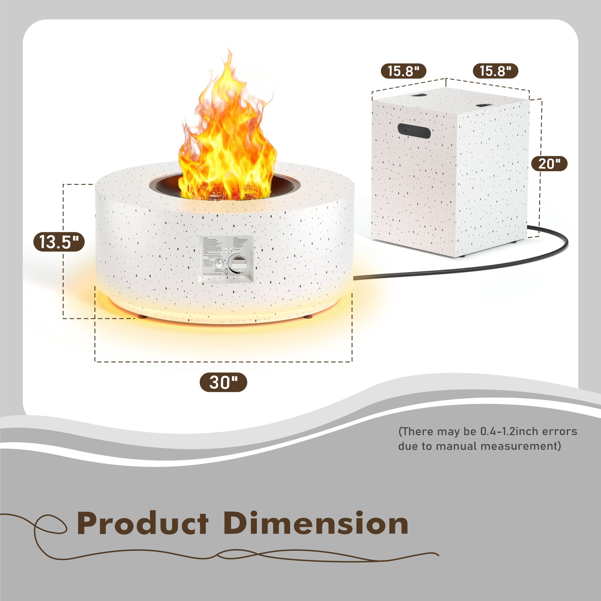 Vornel 30" Round Iron Fire Pit, 50000 BTU with LED Light & Lid, for Home & Camping（White/ Golden Light）