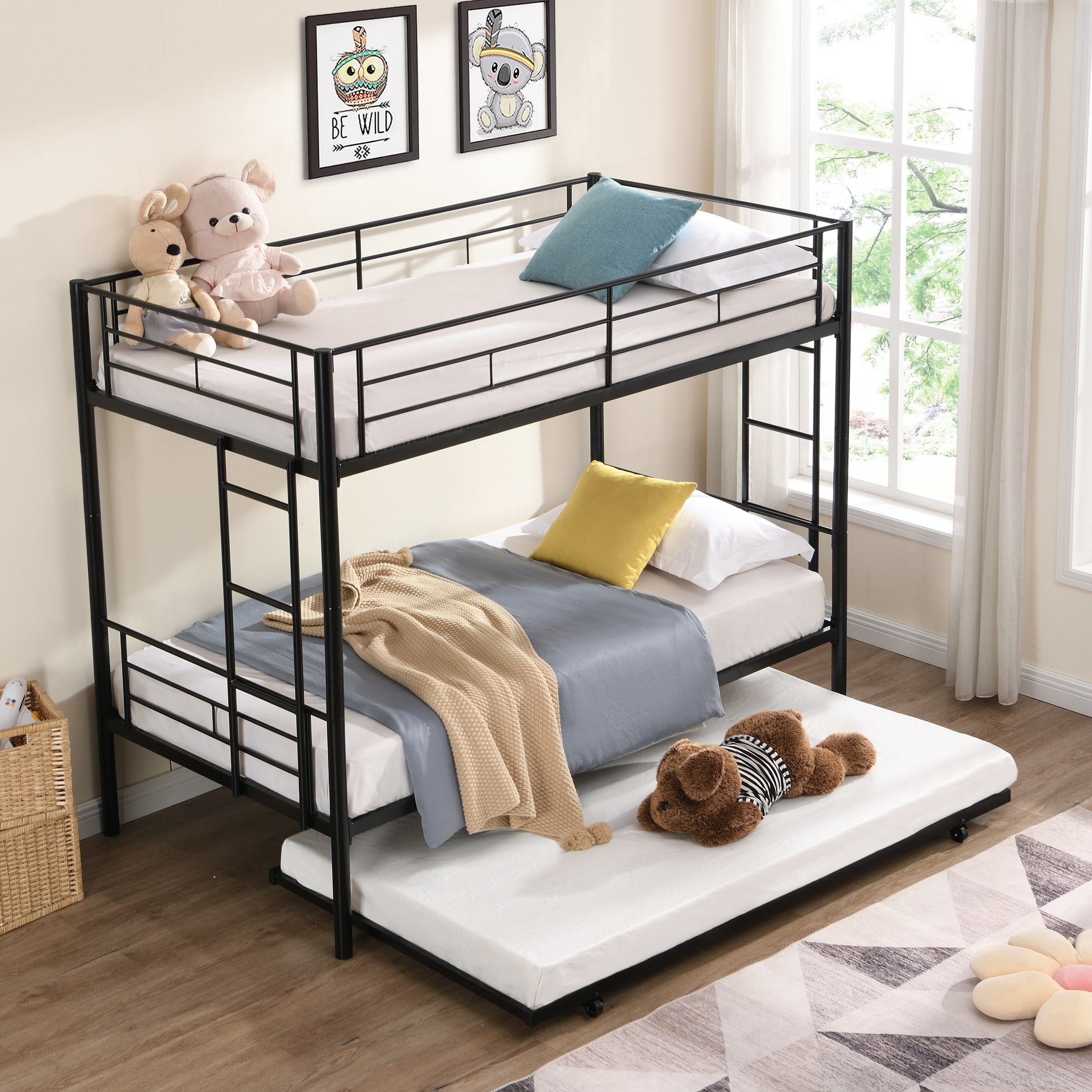Twin Over Twin Metal Bunk Bed with Trundle Black