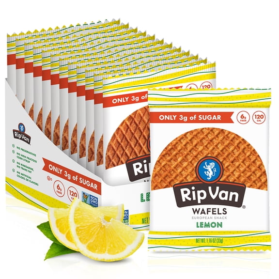 Rip Van WAFELS Lemon Stroopwafels - Healthy Snacks - Non GMO Snack - Keto Friendly - Office Snacks - Low Sugar (3g) - Low Calorie Snack - 12 Count