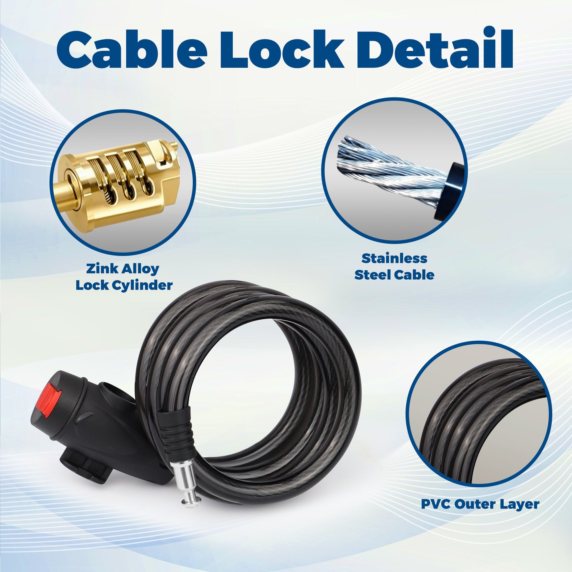 Zukka Keyed Cable Bike Lock with Dustproof Sliding Cover, 6FT