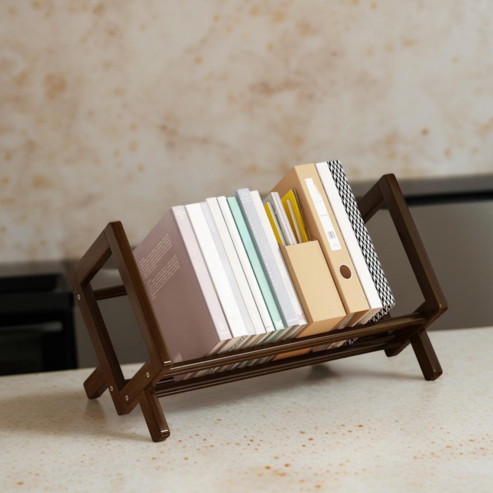 Estante para libros de escritorio de bambú retro, organizador de escritorio, estantería de mesa, soporte grande para revistas, para hogar y oficina, inclinable para revistas, libros, archivos, cartas, CDs 5