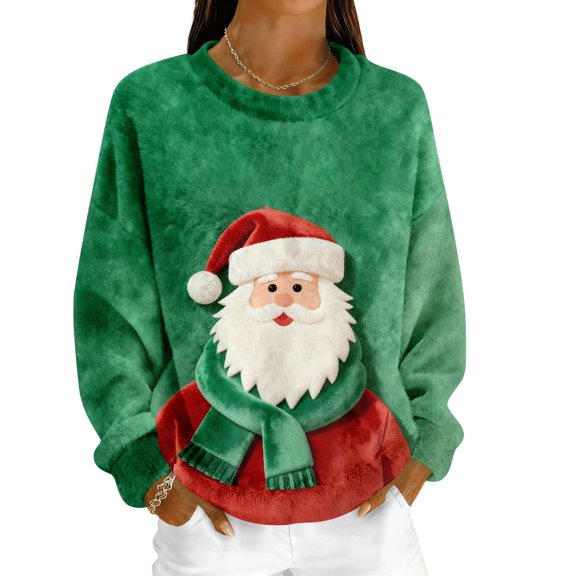 Christmas Sweatshirt for Women Fleece Lined Long Sleeve Crewneck Pullover Top Green M