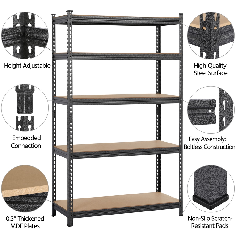 Fullfurnique 73.5″ Height 5 Tiers Adjustable Boltless Storage Shelf, Black