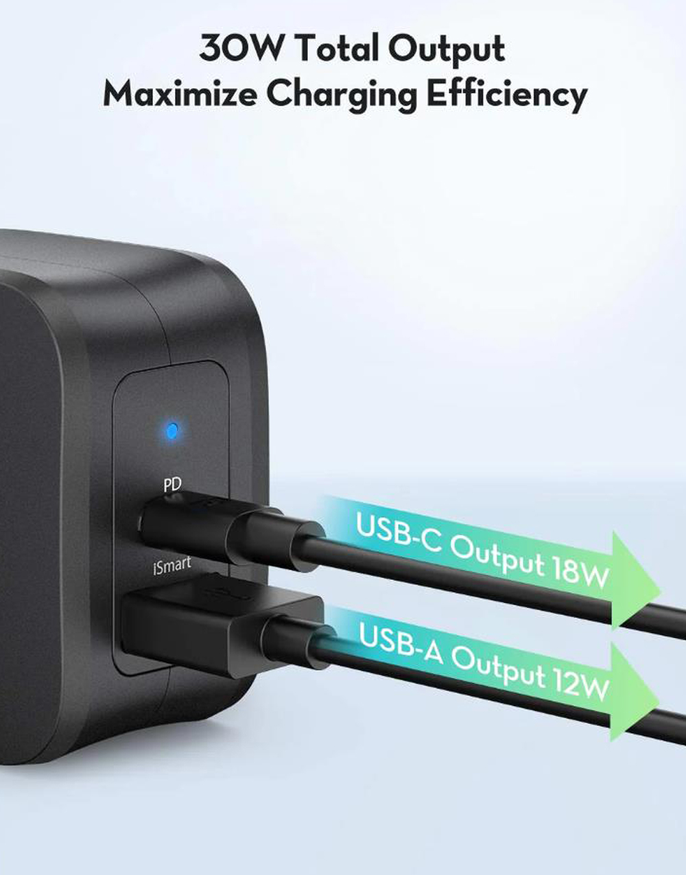 USB C Charger 30W 2 Ports Wall Charger W/ 18W PD 3.0 Fast Charging Power Delivery