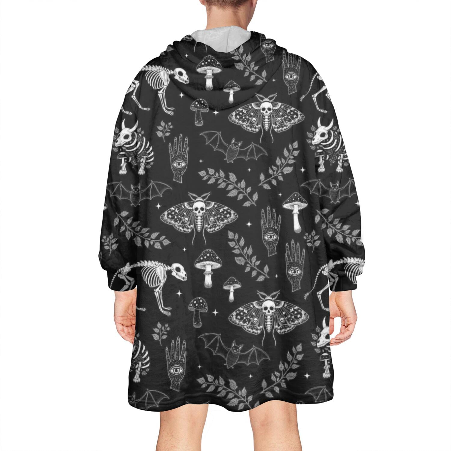 Wearable Oversized Blanket,Black White Gothic Skull Moth Hand Pattern Wearable Blanket Hoodie for Adults,Cozy Hooded Blankets with Super Pockets,Super Warm Fuzzy Pullover for Women & Men