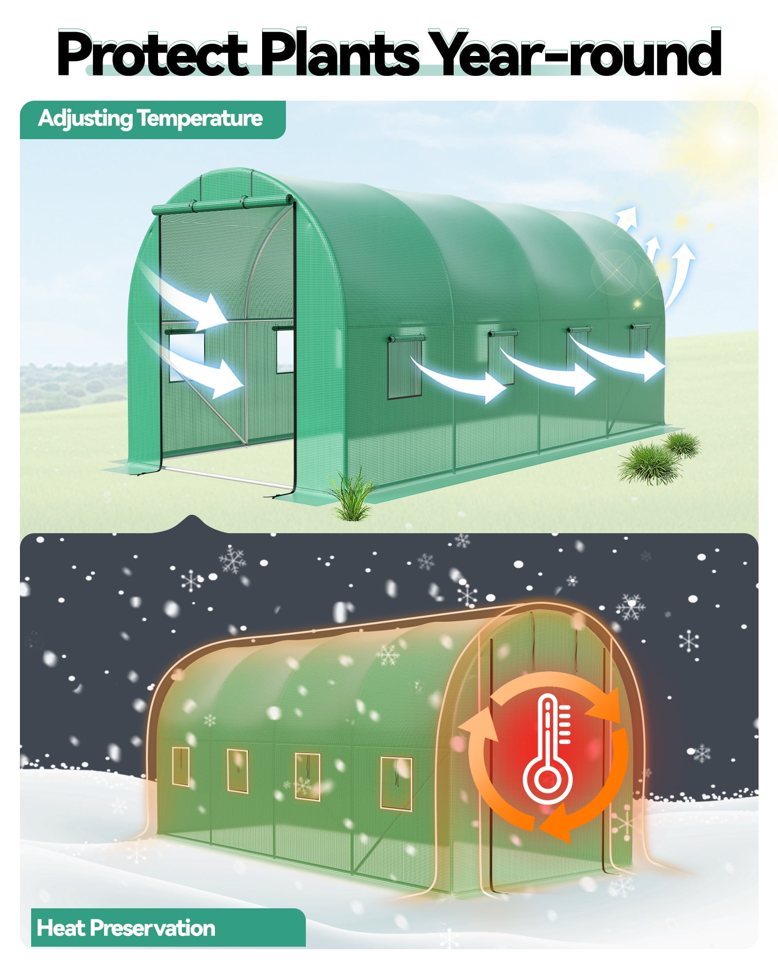 Accreate Walk-in Tunnel Greenhouse, 6.5 x 15 x 6.5 FT Large Outdoor Greenhouse with Door & Vent Windows, Heavy-Duty Frame and Green PE Cover for Backyard Gardening