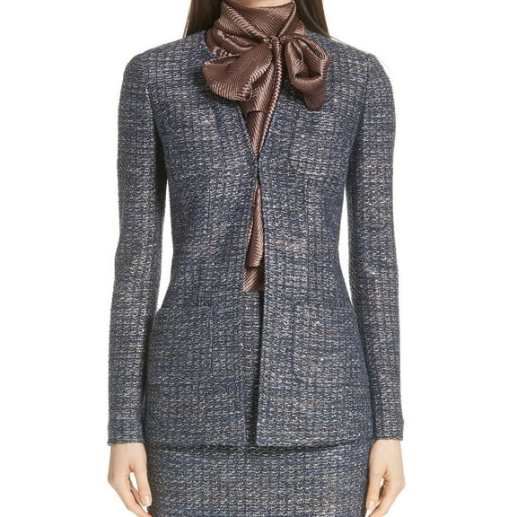 St. John Womens Sequin Tweed Knit One Button Blazer Jacket, Blue, 8