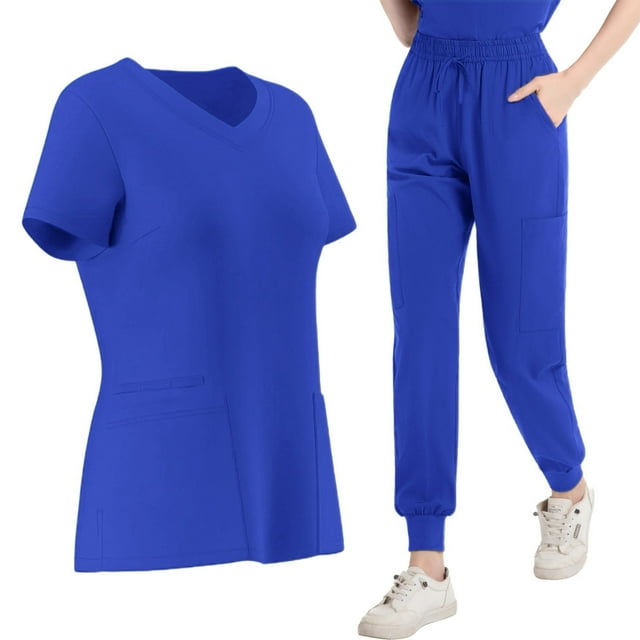 ZVNAH Ensemble de Sarraus pour Femmes, Haut à Encolure en V Extensible 4 Directions et Pantalon de Jogging, Uniforme Médical avec Taille à Cordon, Multiples Poches