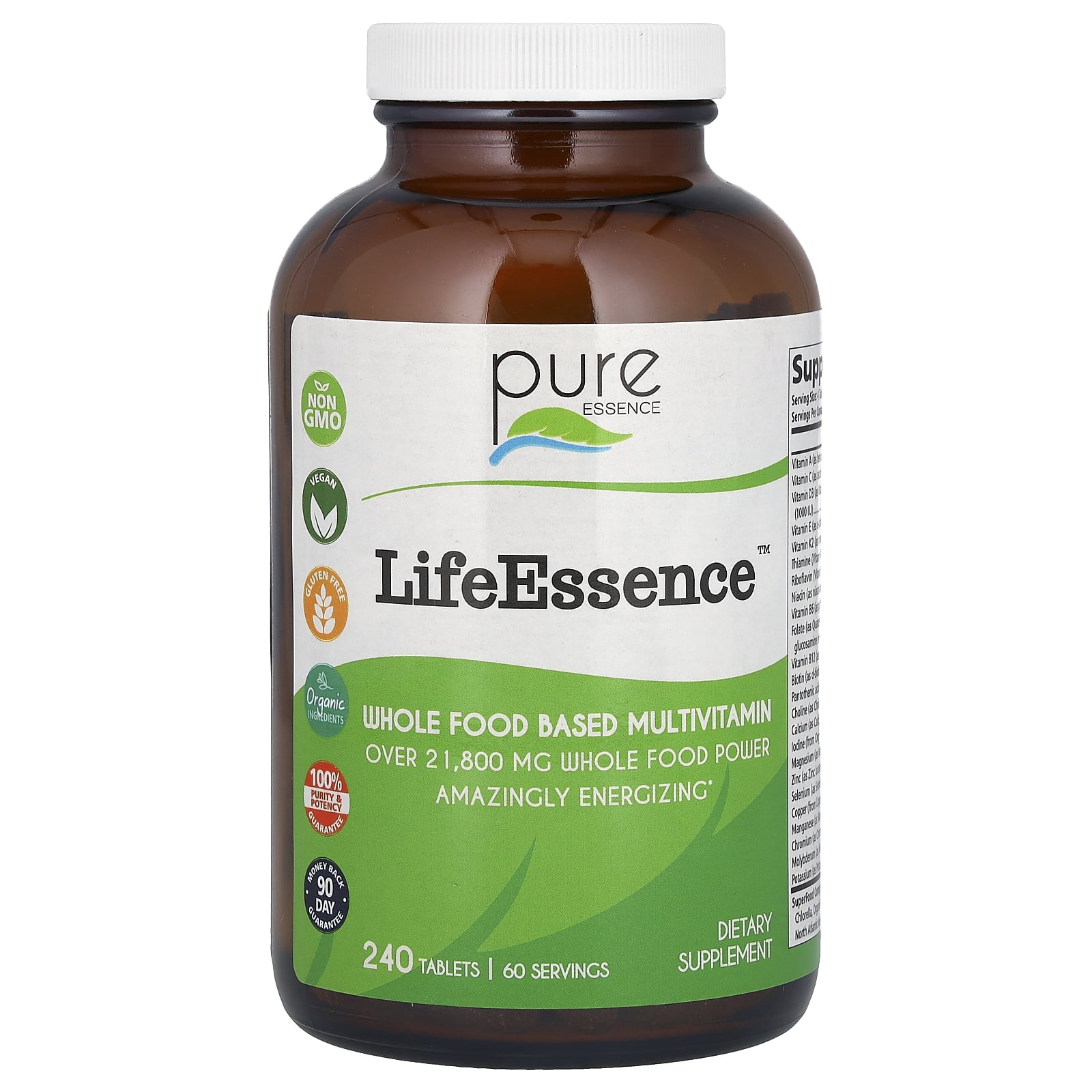 LifeEssence Multivitamin - Whole Food Supplement with Superfoods, Minerals, Enzymes, Vitamin D, D3, B12, Biotin by Pure Essence - 240 Tablets