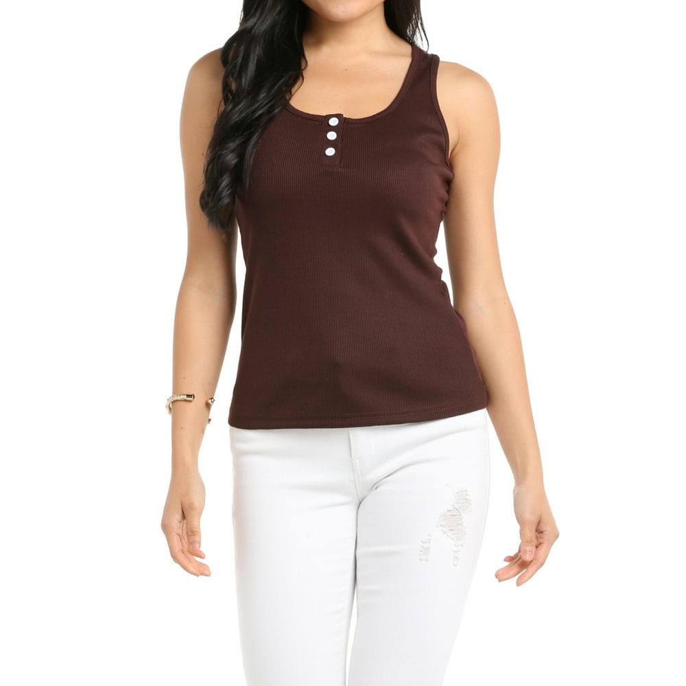 Doublju Doublju Women's Scoop Neck Ribbed Henley Sleeveless Summer Tank Top