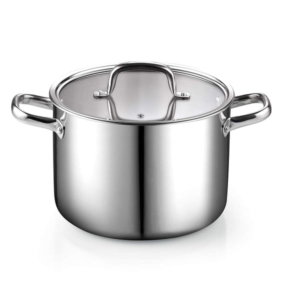 Cook N Home Classic 8 Quart Tri-Ply Clad Stockpot, Stainless Steel Stock Pot with Lid, Cooking Pot for Pasta, Spaghetti, Large Soup Pot with Handle, Cookware for Canning, Boiling, Simmer, Oven Safe