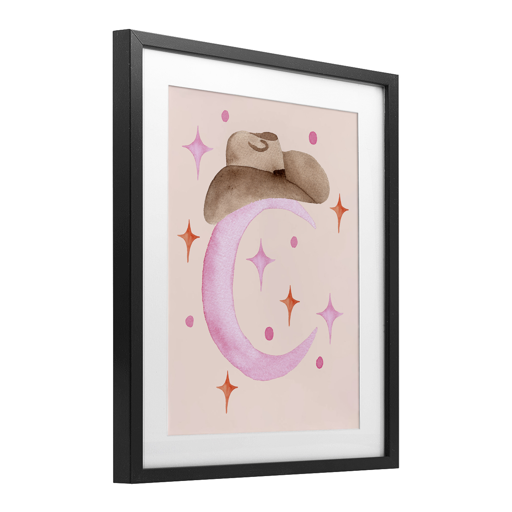 Moon Cowgirl Hat Black Framed Print Under Glass, design by Nina Jacobs