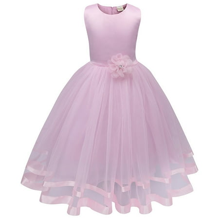 

THE WILD Girls Dresses Elegant Hollowing Hem Ruched Solid Color O-Neck Sleeveless Midi Prom Dress Pink