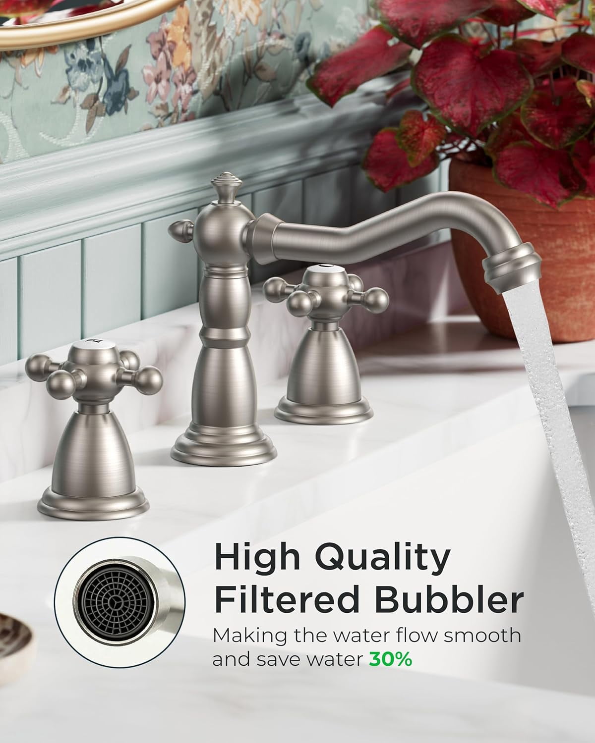 Brushed Nickel 3 Hole Bathroom Sink Faucets 2 Cross Handles, 8 Inch Widespread Antique Brass Viantage Bathroom Faucet for RV Vanity Farmhouse with Metal Pop Up Drain and Supply Lines