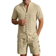 thumbnail image 2 of Cotton Linen Short Sets for Men Summer Short Sleeve Button V Neck Stand Collar Shirt and Shorts 2 Piece Matching Set, 2 of 6