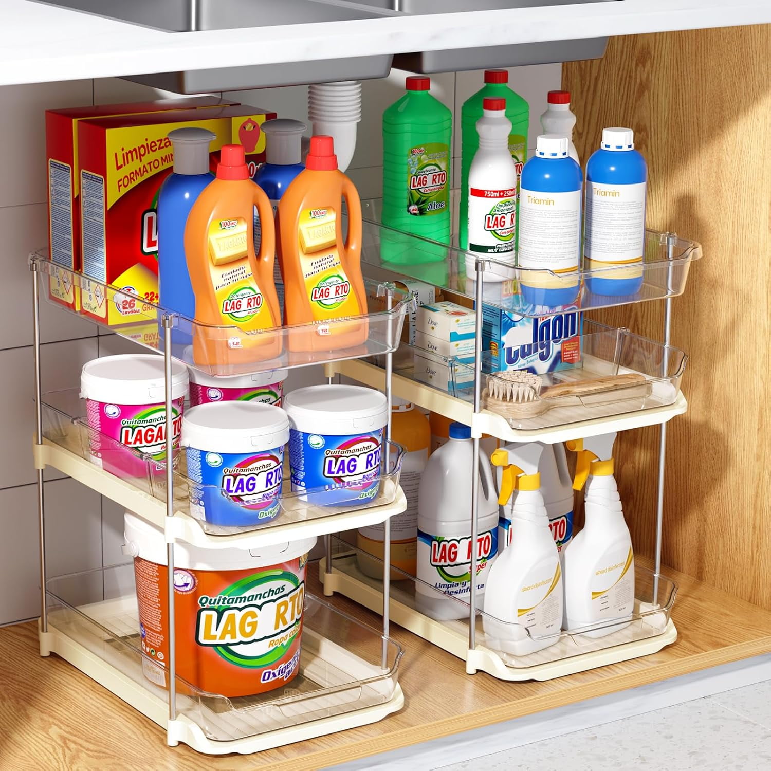 2 Pack 3-Tier Bathroom Under Sink Organizers and Storage, Multi-Purpose Stackable Pantry Organization and Storage, Pull Out Clear Kitchen Bathroom Cabinet Organizer with Movable Dividers, Beige