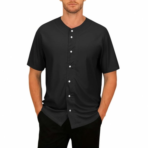 ZCFZJW Mens Button Down Plain Baseball Jersey, Solid Color Softball Team Shirts, Breathable Hip Hop Hipster Short Sleeve Active Shirts Black XXXXXL