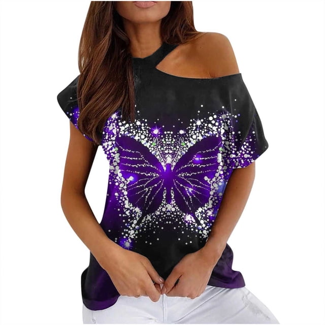 Mujeres Verano Cuello Redondo Manga Corta Estampado Sin Tirantes Camiseta Tops Blusas OAVQHLG3B Store lin121212