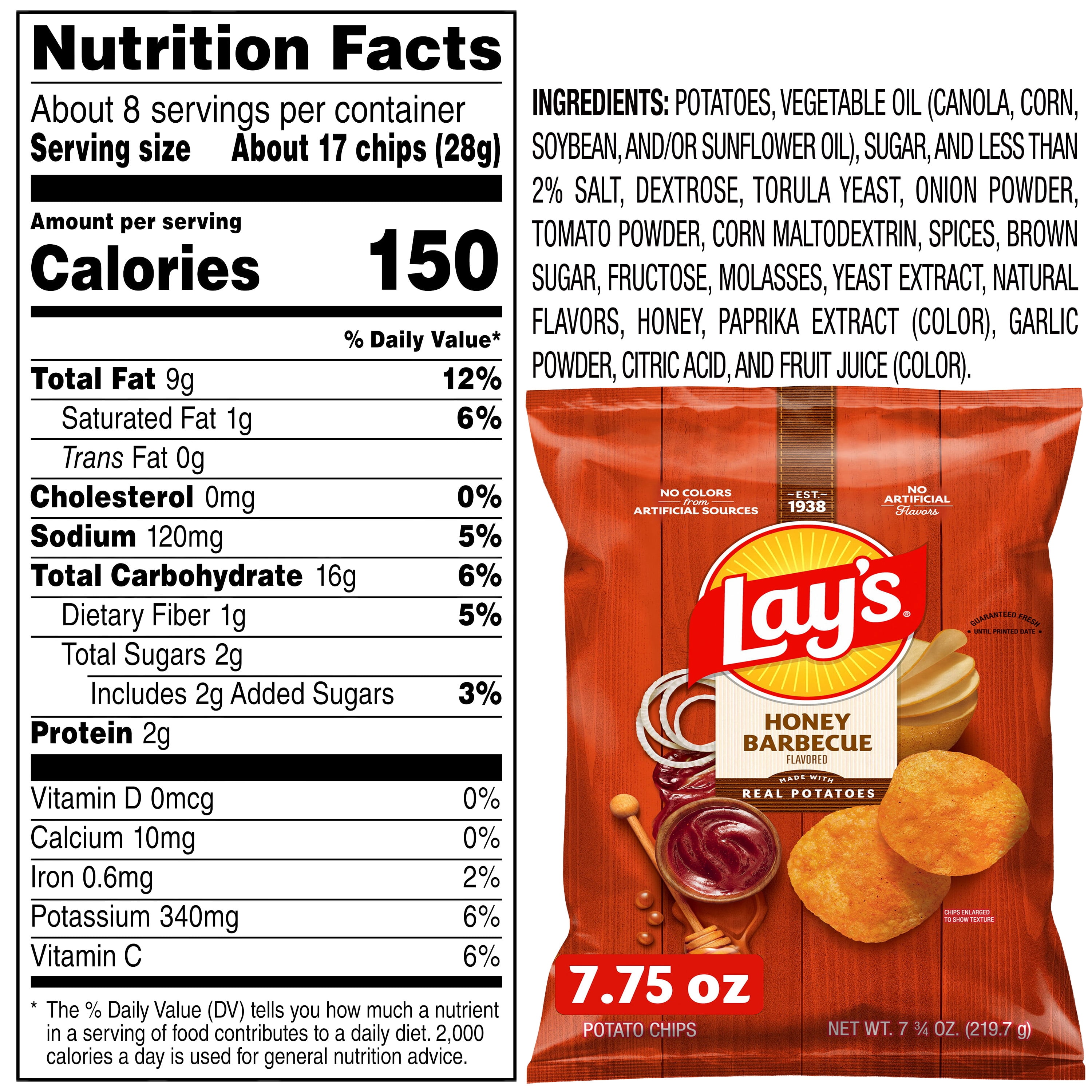 Lay's Honey Barbecue Potato Chips Bag, 7.75 oz