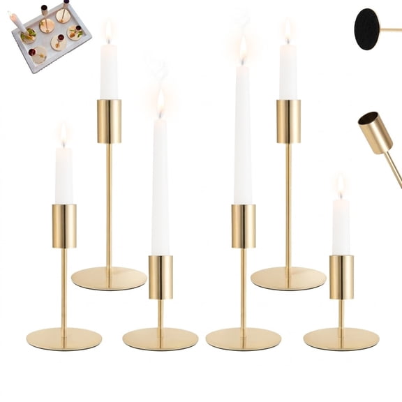 Huzeijin Gold Taper Candle Holders, Set of 6 Modern Decorative Metal Candlestick Stands for Wedding Certerpieces,Festive, Mantel,Home,Party