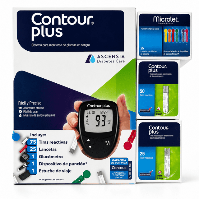 Kit Contour Plus Con Glucómetro 75 Tiras Y 25 Lancetas