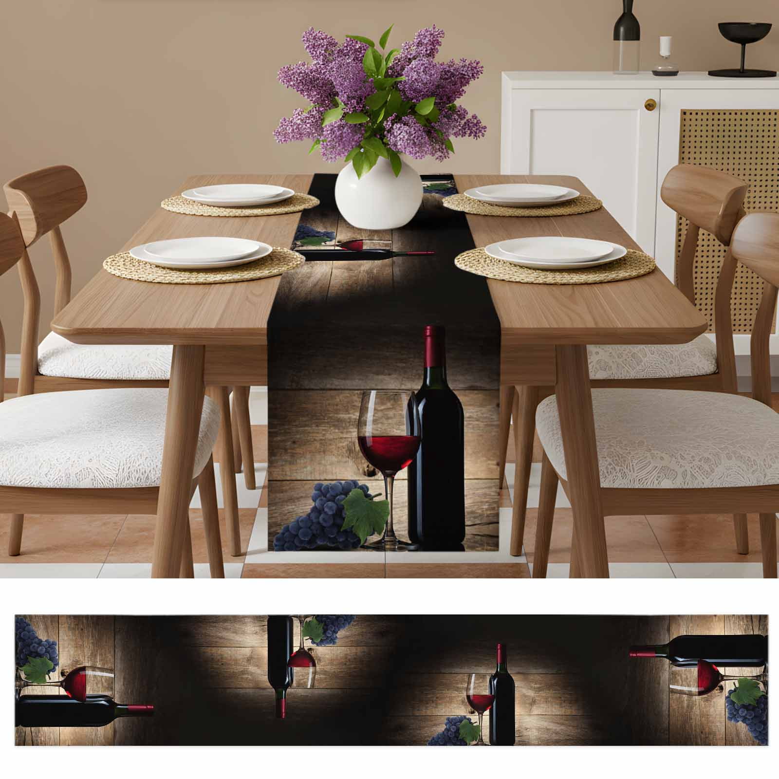Red Wines Table Runner 90 Inches Long Farmhouse Dress Scarves, Grapes Vintage Wooden Grain Farmhouse Dining Tablerunner for Coffee Table/Kitchen Island/Party Décor, 13" x 90"